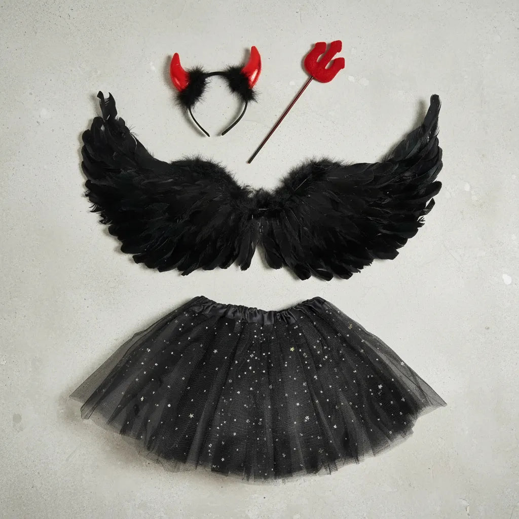 Kit Disfraz Diabla Negro Halloween Alas Tutú Vincha