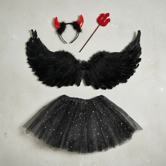 Kit Disfraz Diabla Negro Halloween Alas Tutú Vincha