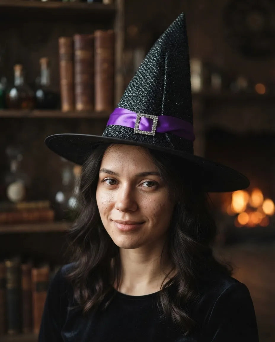 Sombrero De Bruja Negro Brillante con Cinta Halloween