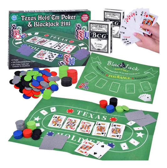 Set 2 En 1 Poker Y Blackjack Con Cartas Y Fichas