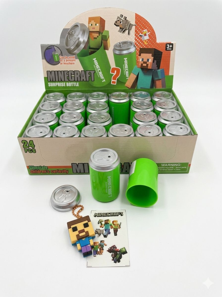 Lata Con Llavero Minecraft Muñeco+stickers Pack X6