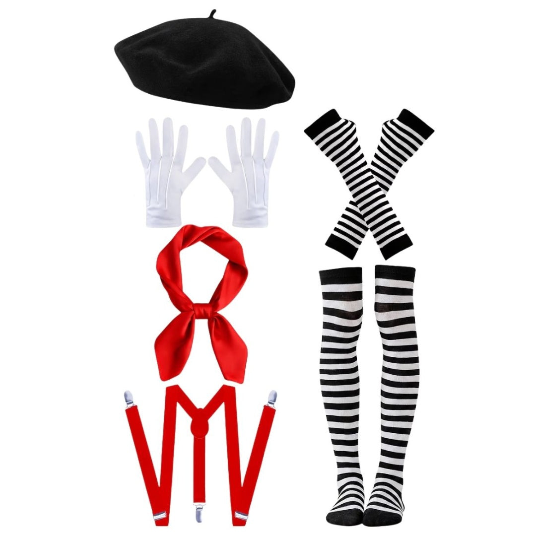 Set Disfraz De Mimo Boina Tiradores Y Guantes 6pcs