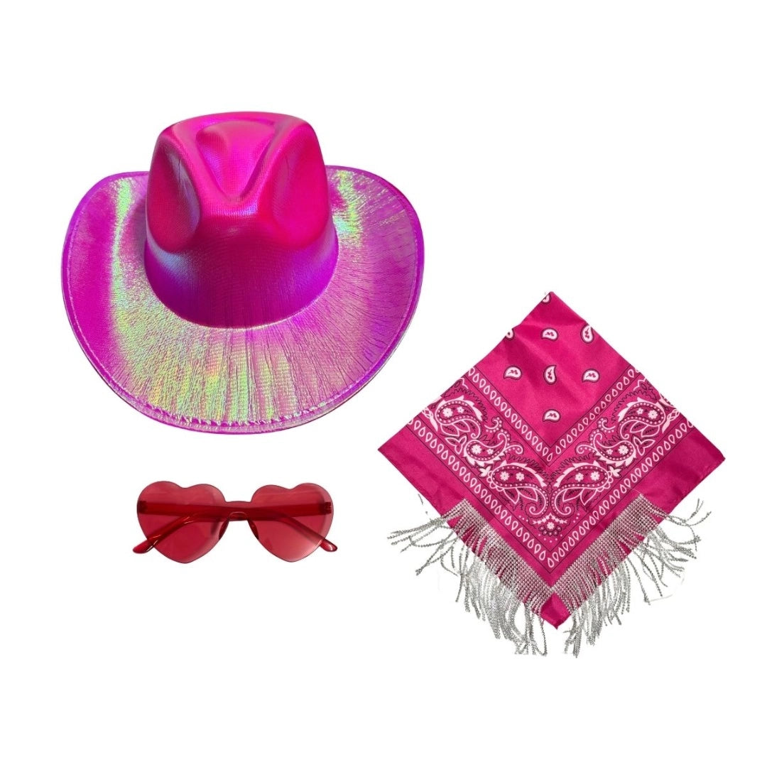Set Gorro Cowboy Pañuelo Y Lentes Rosa