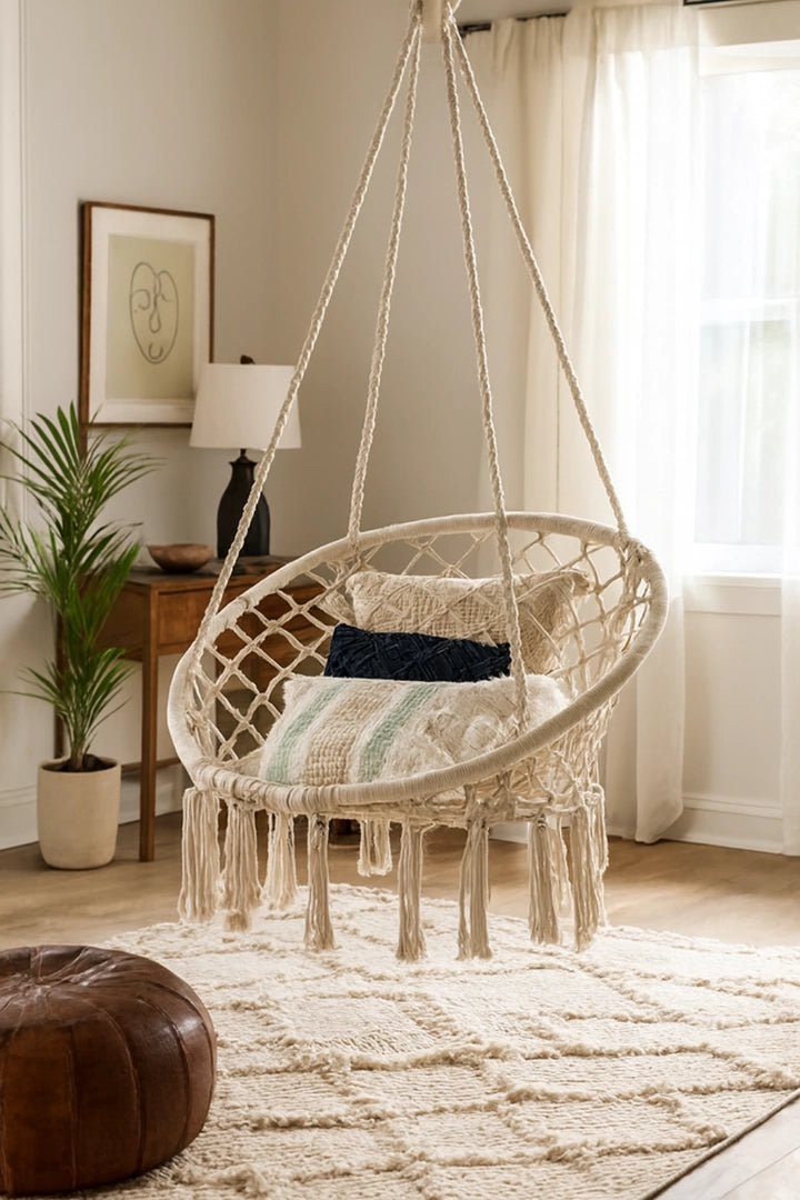 Hamaca Sillón Colgante Circular Macramé Algodón Beige