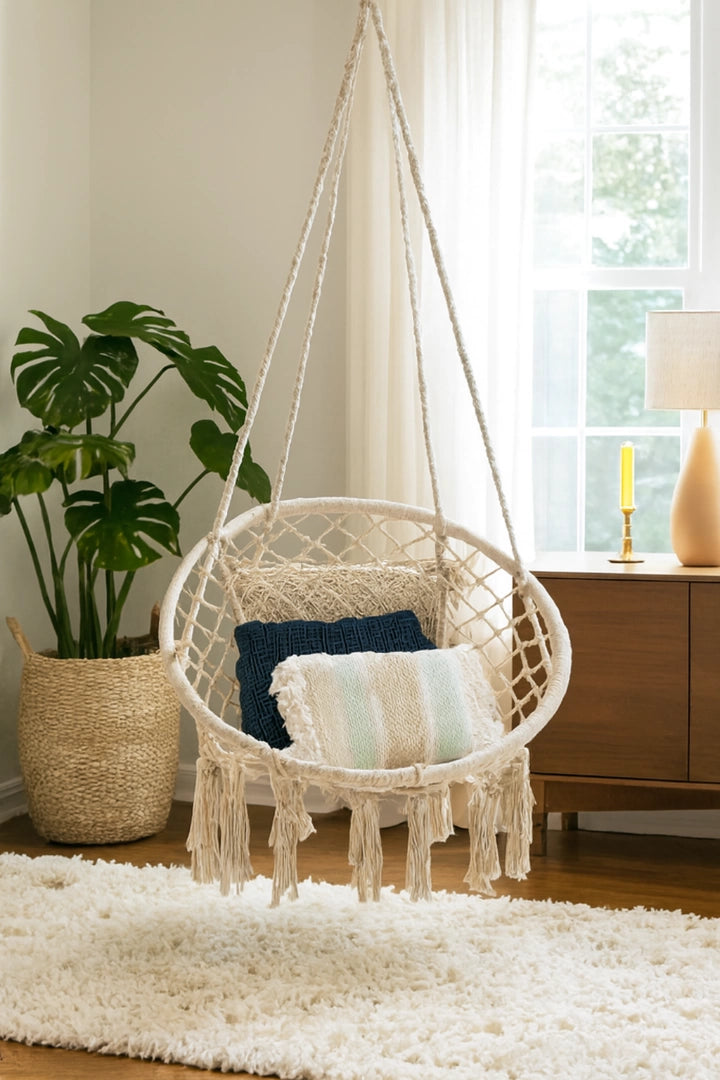 Hamaca Sillón Colgante Circular Macramé Algodón Beige