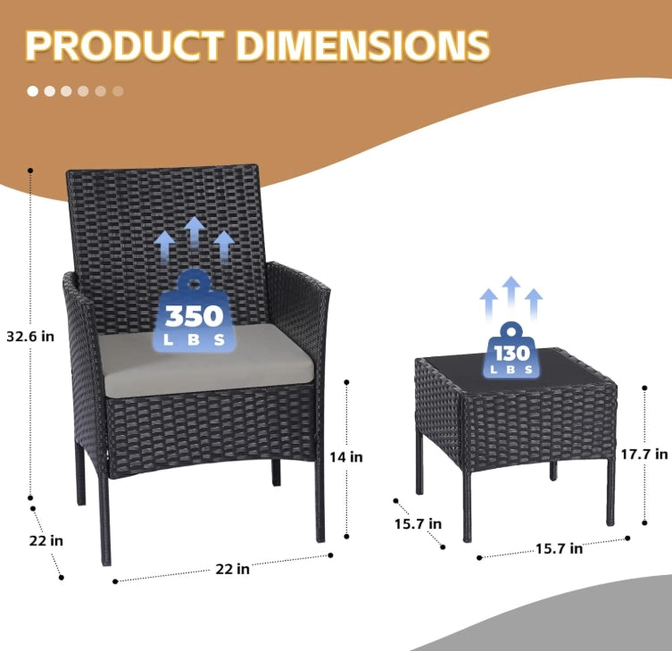 Juego De Jardin Exterior Ratán 3 Piezas Sintetico