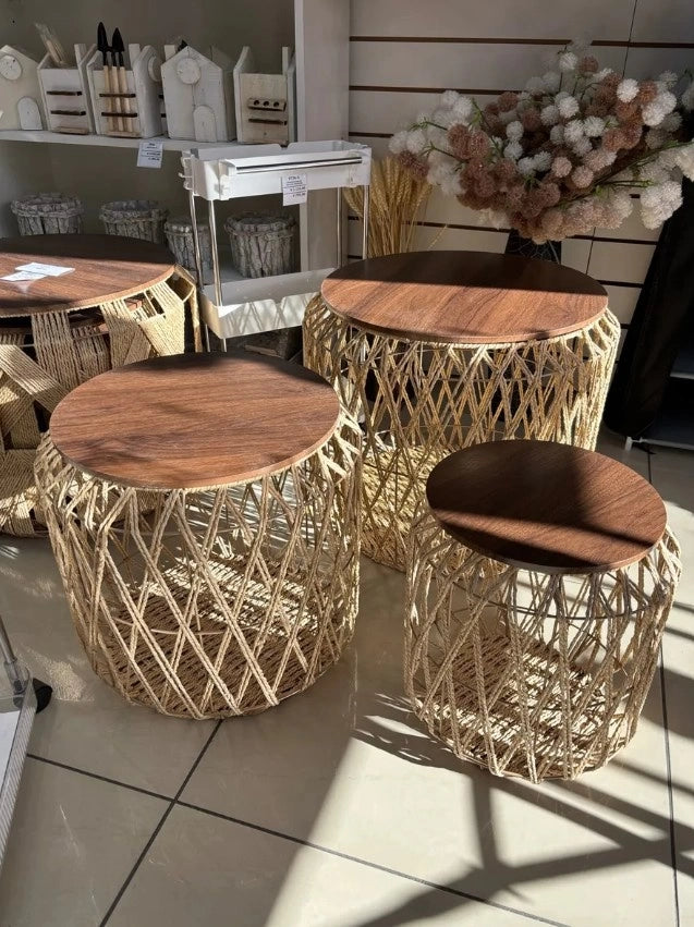 Set X3 Mesas Ratonas Tejidas Metal Madera Artesanal
