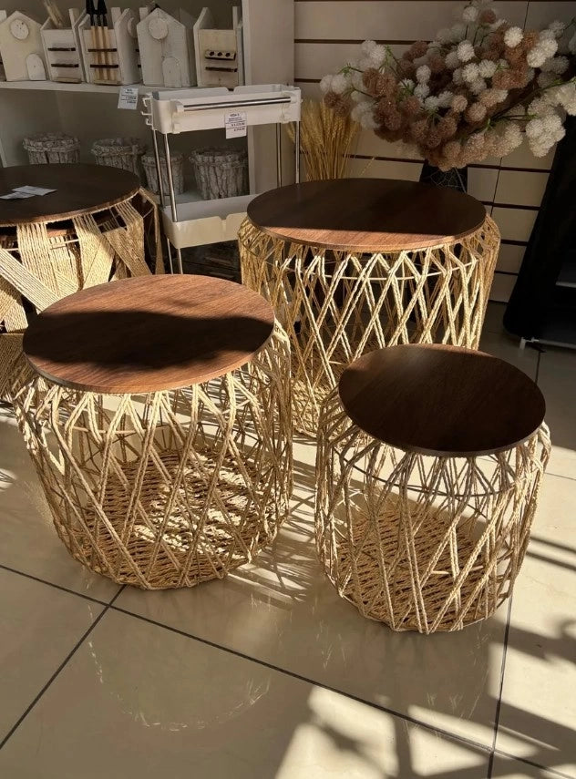 Set X3 Mesas Ratonas Tejidas Metal Madera Artesanal