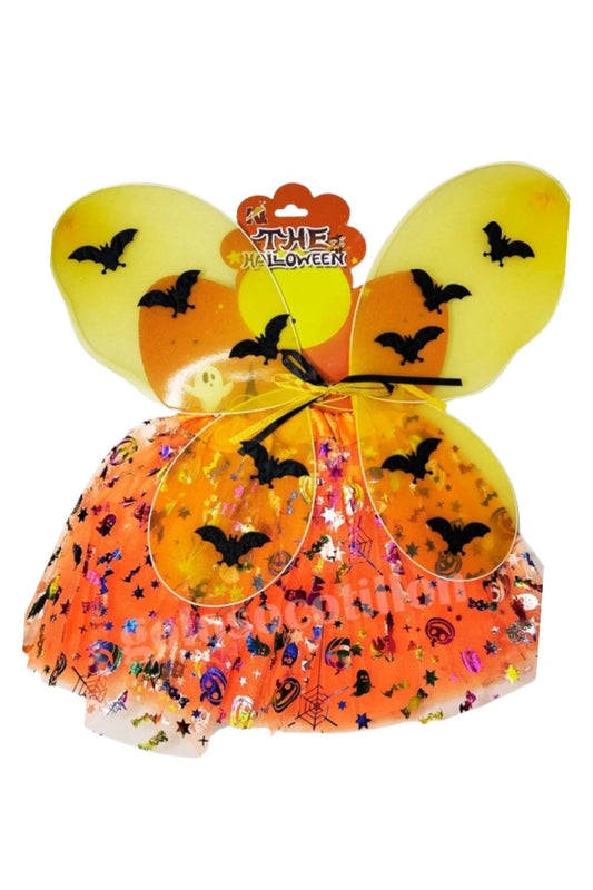Set Tutu Y Alitas Naranjas Disfraz Con Murcielagos