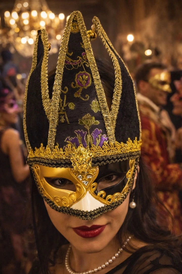 Máscara Veneciana Bufón Arlequín Negra Y Dorada