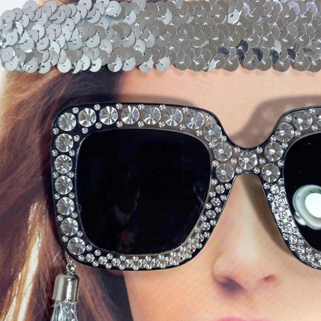 Set Cotillón Plateado Con Vincha Lentes Caravanas