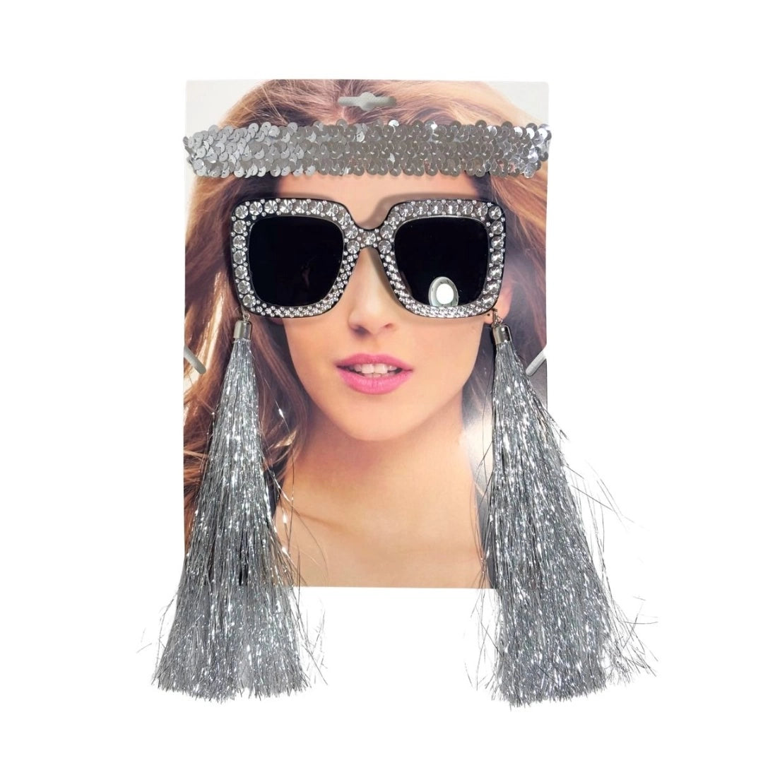 Set Cotillón Plateado Con Vincha Lentes Caravanas