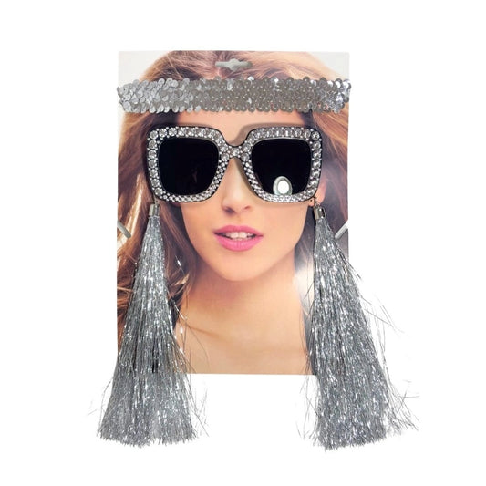 Set Cotillón Plateado Con Vincha Lentes Caravanas