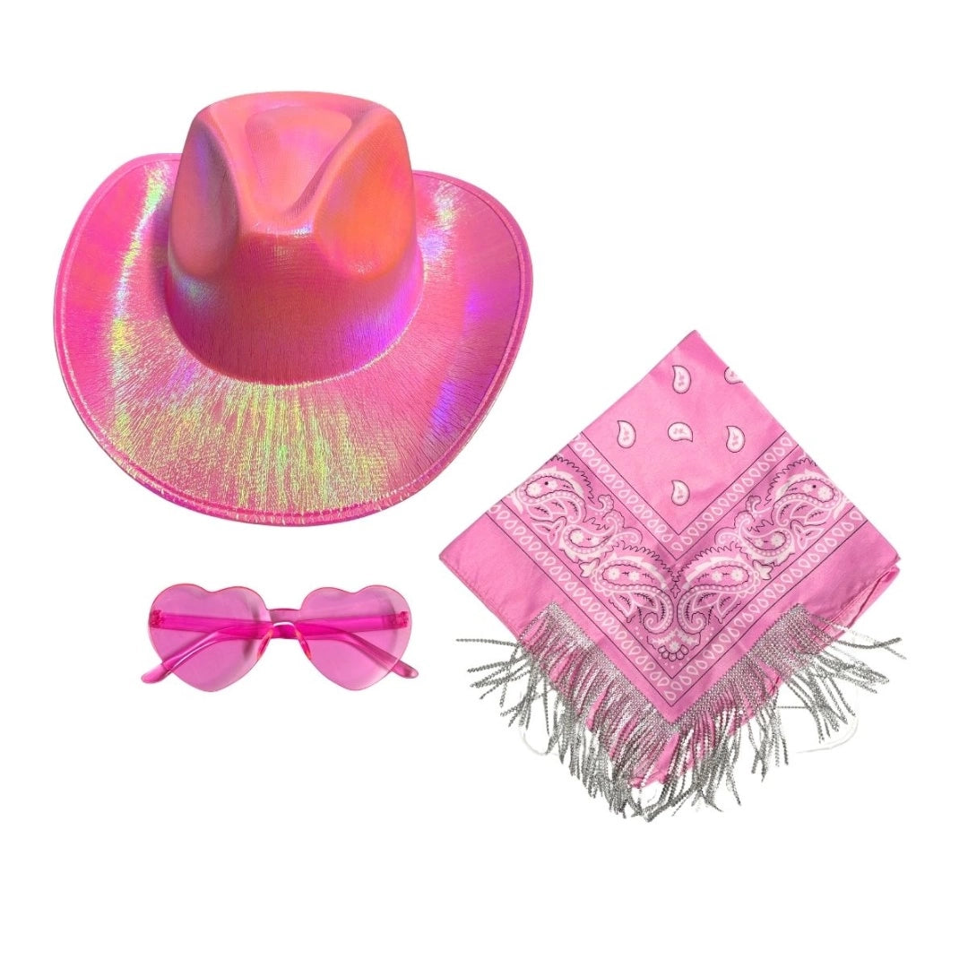 Set Gorro Cowboy Pañuelo Y Lentes Rosa